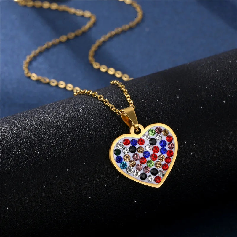 Summer Trendy Stainless Steel Diamond Heart Necklace Personalized Ceramic Clay Color Pendant Zircon Main Fashion Accessories