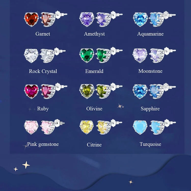 925 Sterling Silver 12 Birthstone Heart Stud Earrings for Women CZ Zircon Fashion Fine Jewelry Party Gift BSC736