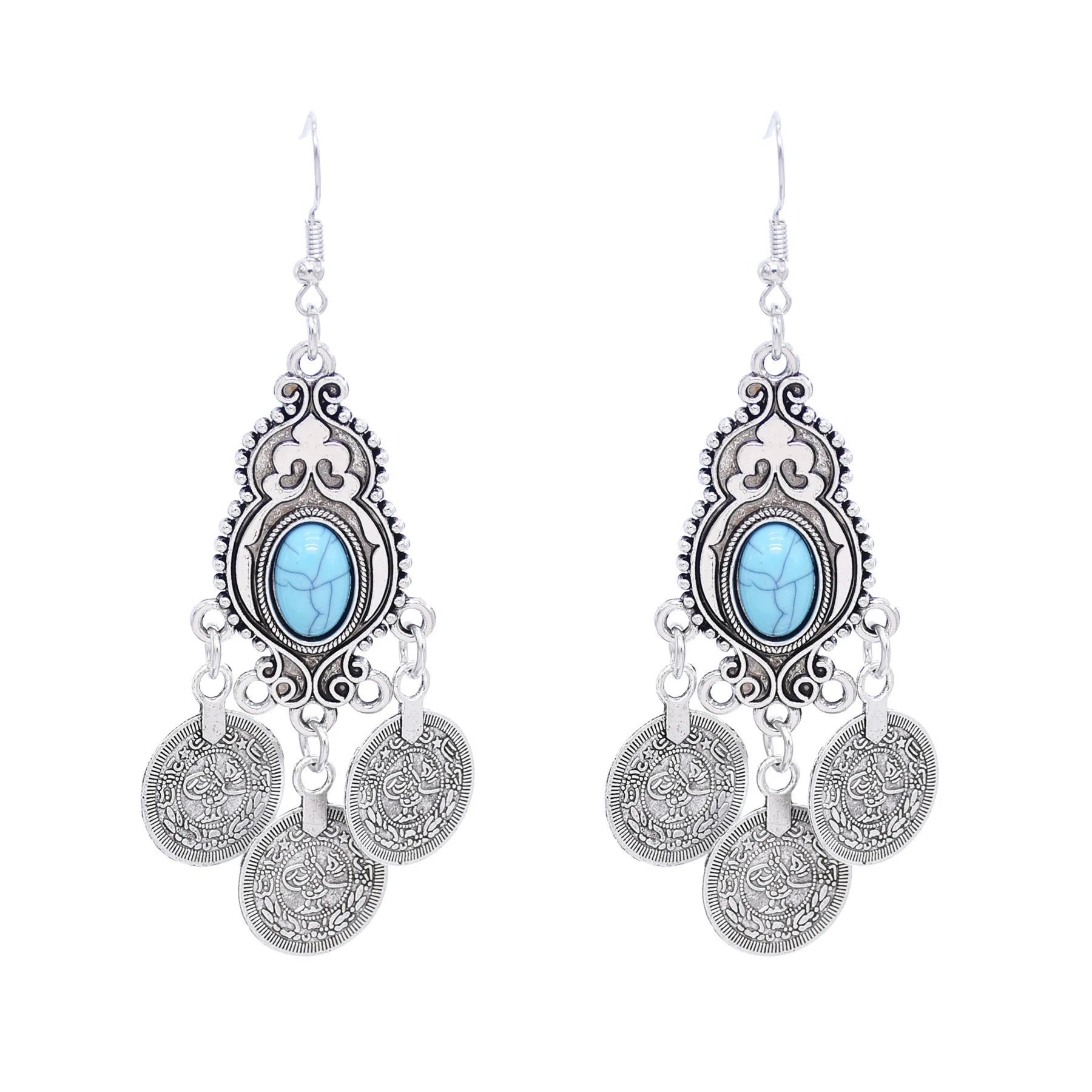 Ethnic Bohemian Coin Tassel Drop Earring Antique Green Stone Turquoise Tribal Earrings Broncos Fashion Party Jewelry
