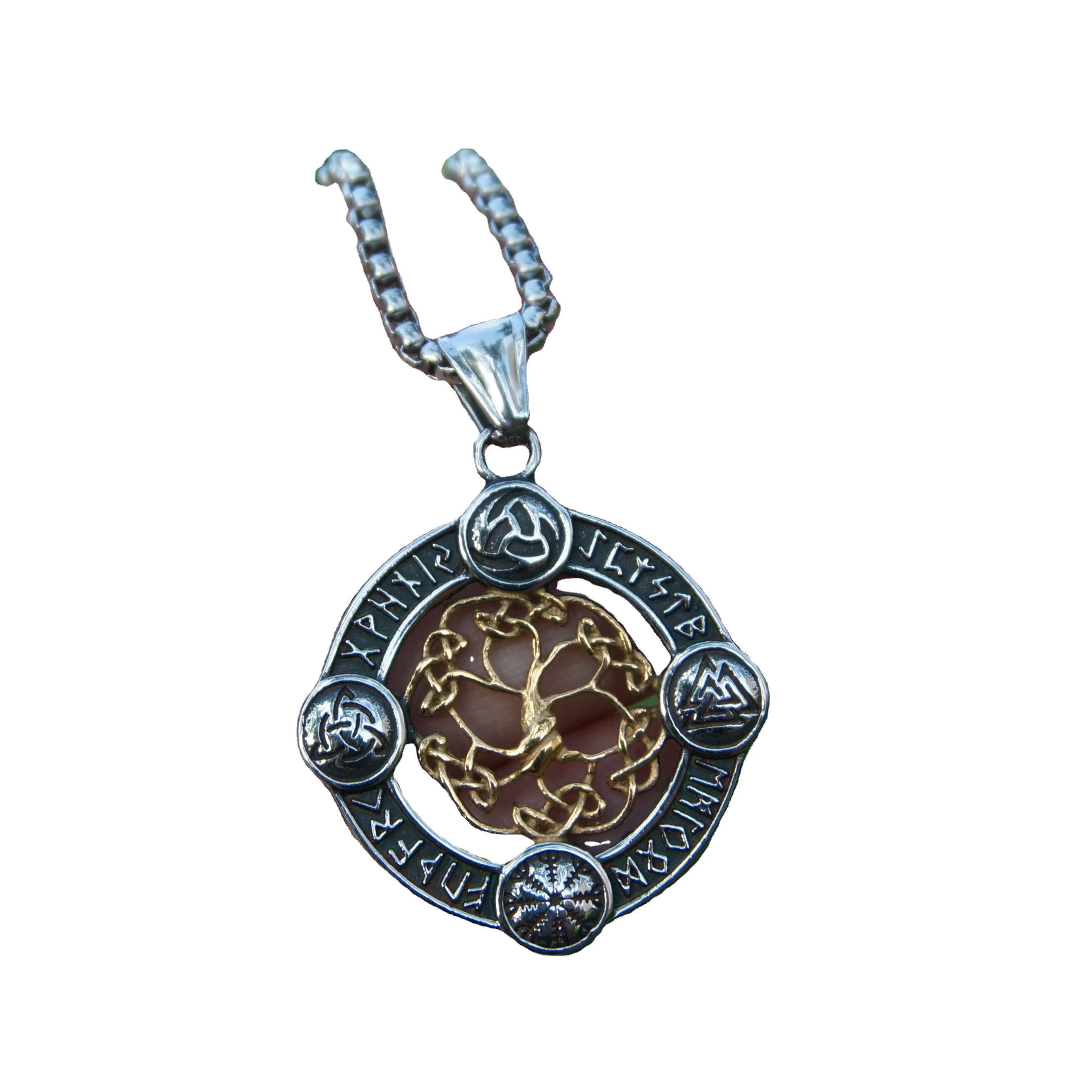 Stainless Steel Celtic Tree of Life Round Pendant Leather Cord Necklace Viking Rune Amulet Men's Necklace Pendant