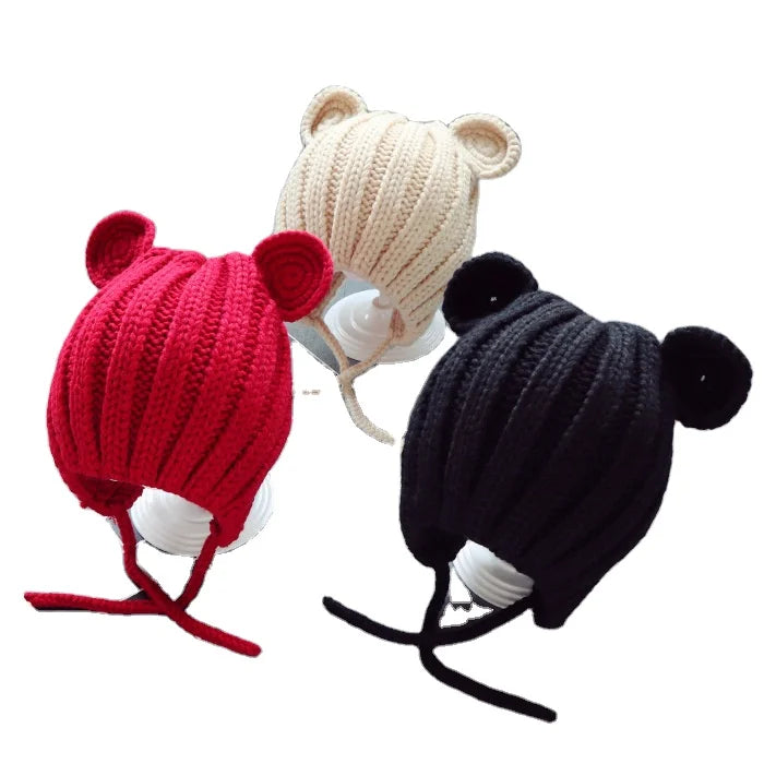 Newborn Boys Girl Warm Bear Ears Beanie Hat Baby Kids Cute Bobble Cap  Baby Soft Knitted Winter Warm Toddler String Hats