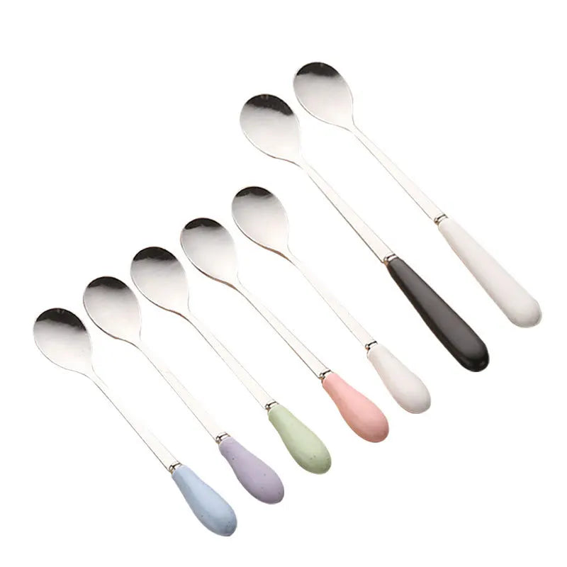 Stainless Steel Reusable Ice Scoop Long Ceramic Handle Disposable Ice-Cream Teaspoon Set for Coffee Dessert Children's Mug Spoon
