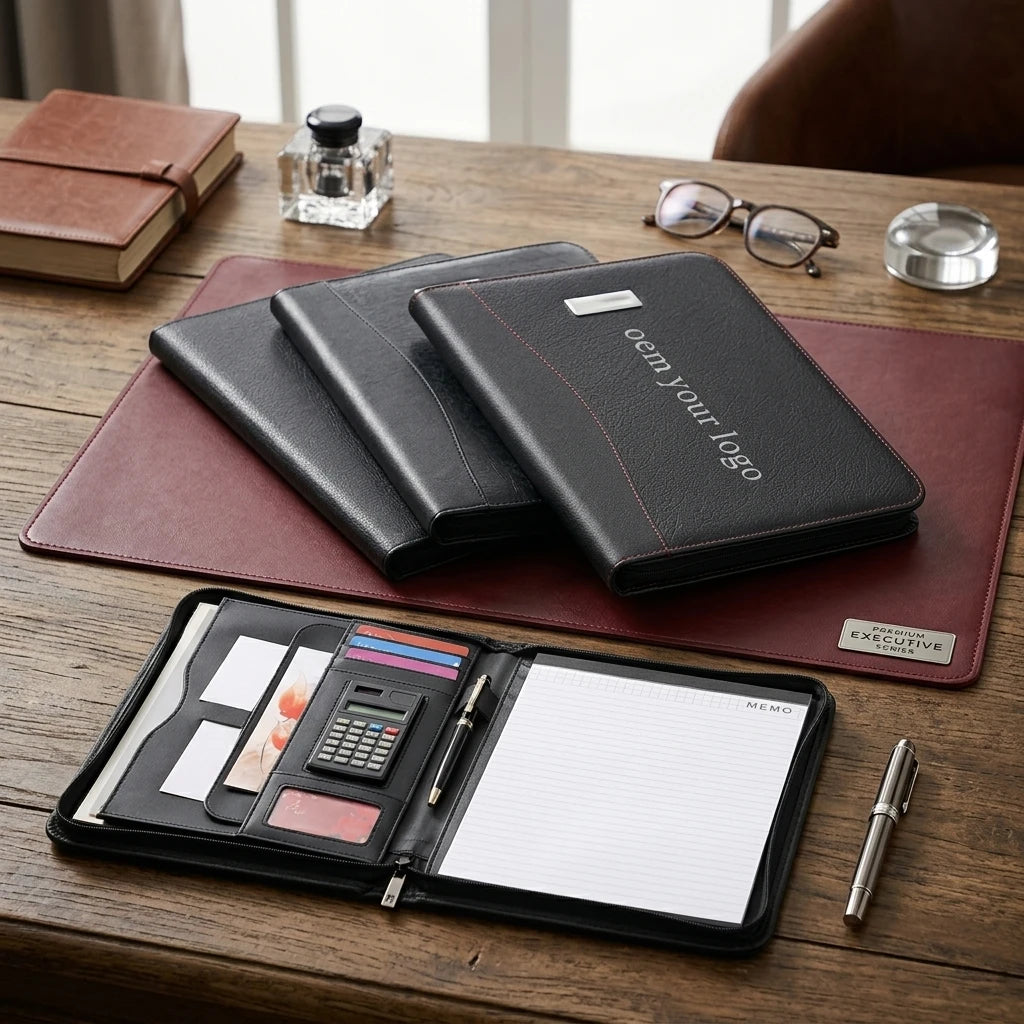 Custom Logo Premium Vegan Leather Business Portfolio With Zipper Padfolio Document Folder With Solar Calculator and Writing Pad