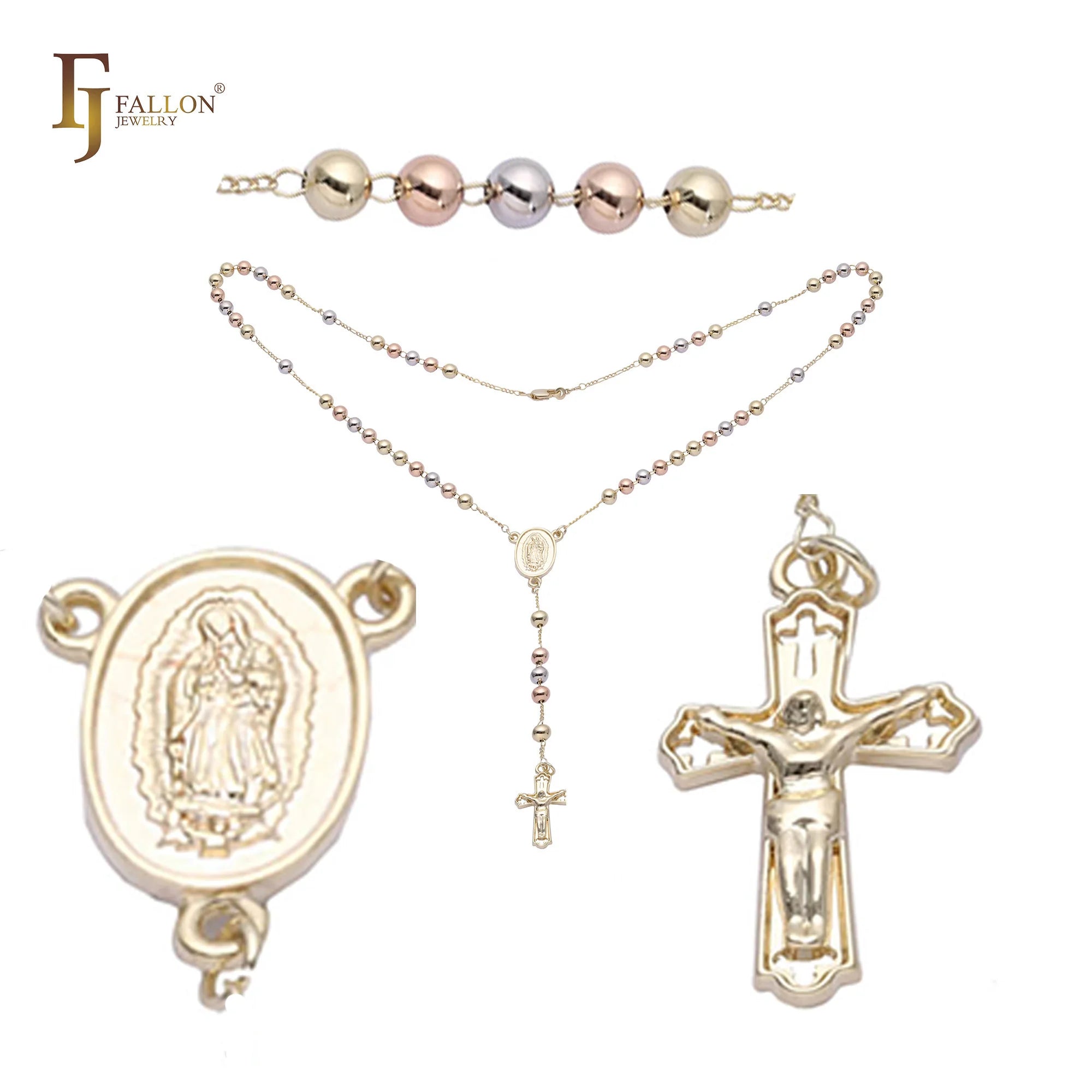 Z54190208 FJ Fallon Fashion Jewelry Italian Virgin of Guadalupe Catholic Rosary Necklace Plated in 14K Gold Two Tone