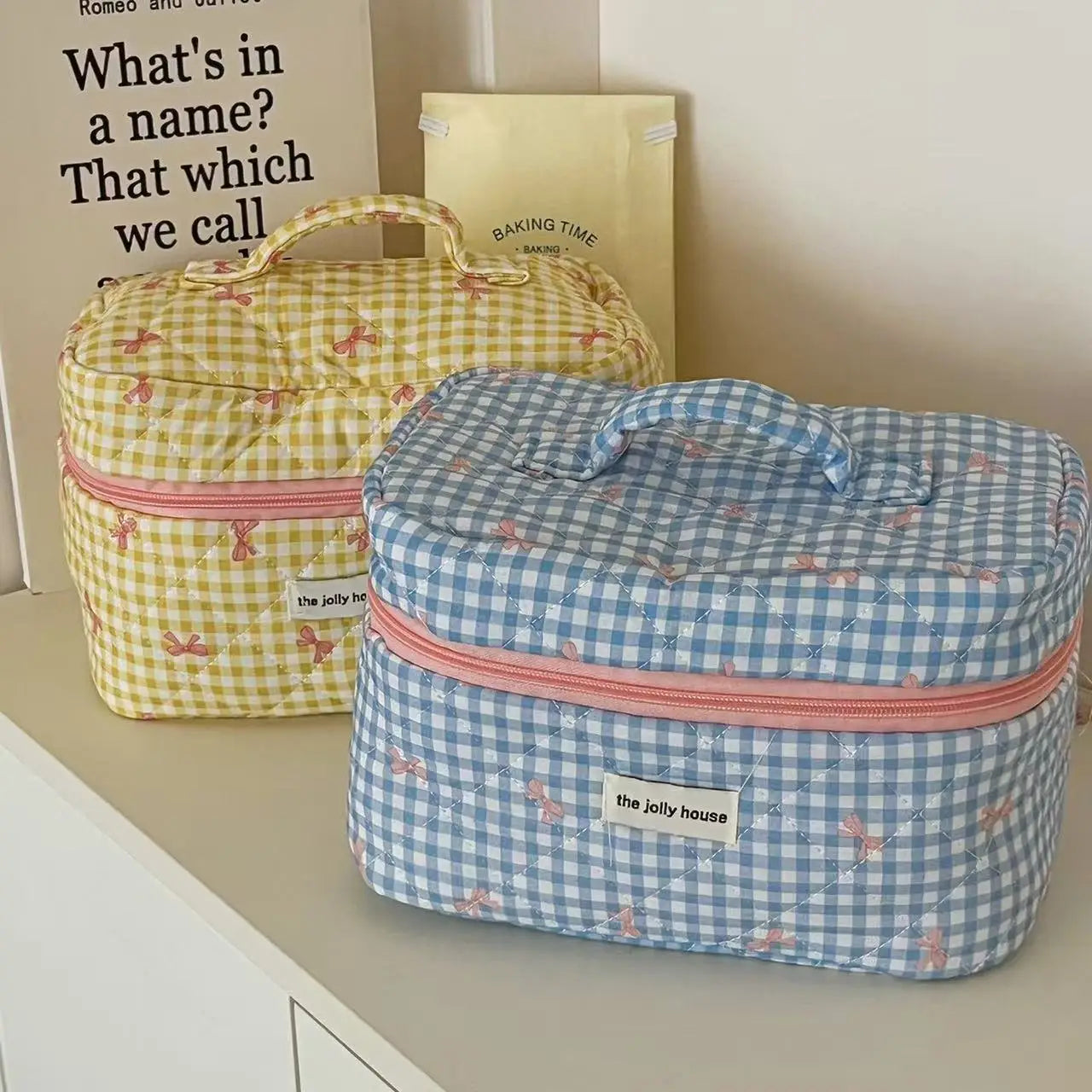 Checkered Bow Makeup Bag Large Capacity Sweet Student Quilted Storage Bag Portable Soft Handbag Toilet Bag