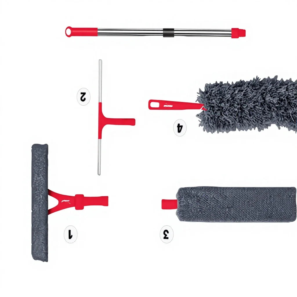 Eco-Friendly 4 in 1 Cleaning Tools Set Duster Brush and Window Cleaner with Extendable Plastic Handle 360 Rotatable