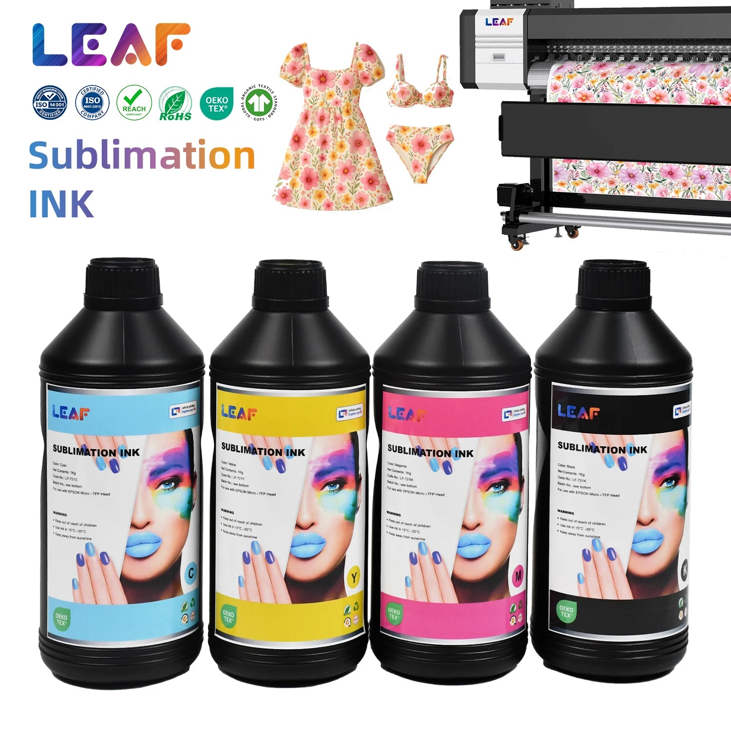 LEAF Wholesale Cloth Printing Ink 1L 1000ml Bottle Digital Dye Sublimation CMYK Sublimation Ink for Textile Cloth Printer