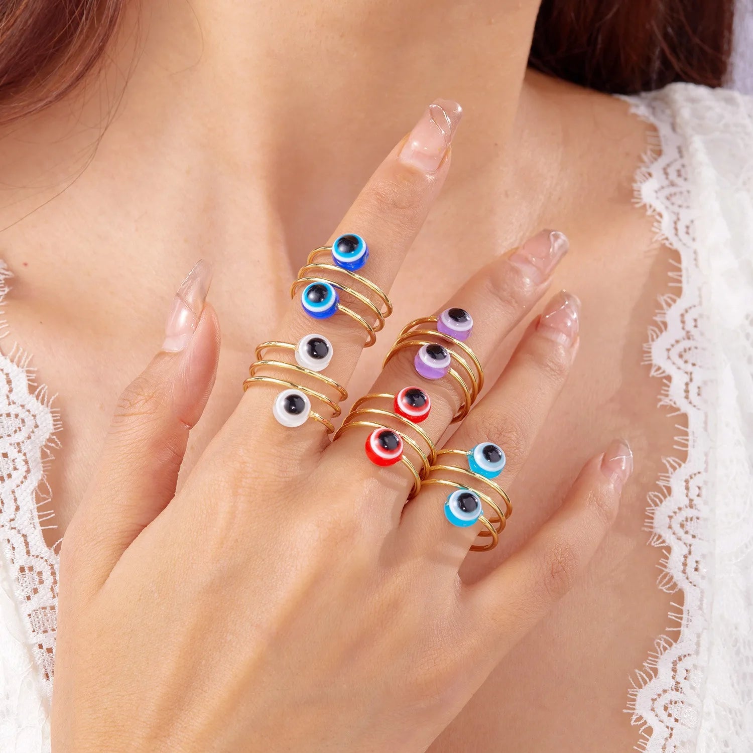 Summer Bohemian Style Turkey Lucky D-Evil Eye Layered Resin Evil Eye Open Ring for Women Ladies