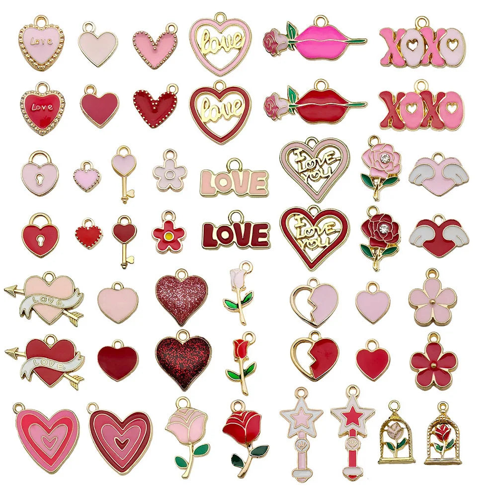 Pink Oil Dropping Alloy Valentine's Day Love Rose Flower Heart Shape Charms DIY Pendant for Bracelet Necklace Earrings