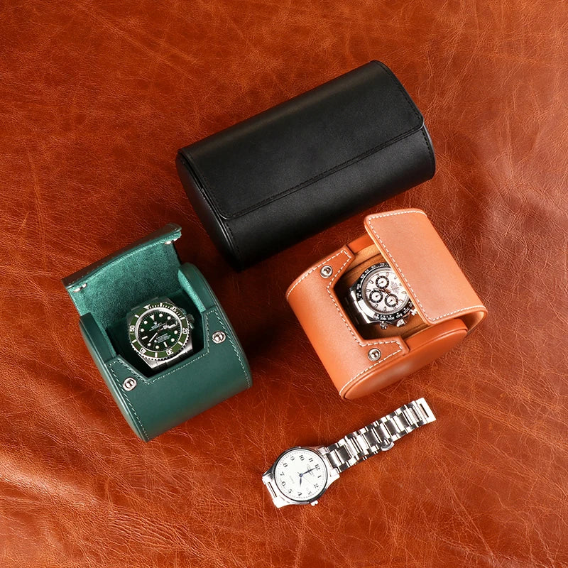 Premium Leather Luxury Single Watch Roll Box 1slot Travel Storage case Green Custom logo for Men Manufacturer High-end Embossed