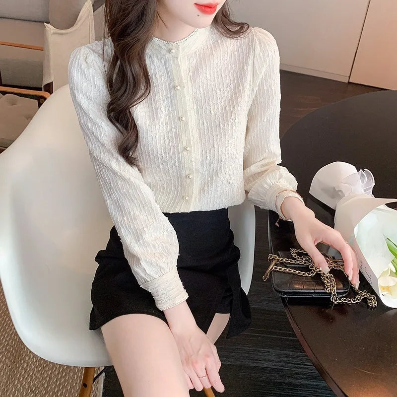1202# Solid Blouse Women Stand Collar Long Sleeve Fashion Casual Blouses Elegant Lady Office Work Shirts Tops