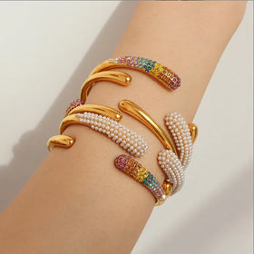 Elegant Imitation Pearl Geometric Stainless Steel 18K Gold Color Cuff Crystal Rhinestone Bracelet Bangle Jewelry Gift