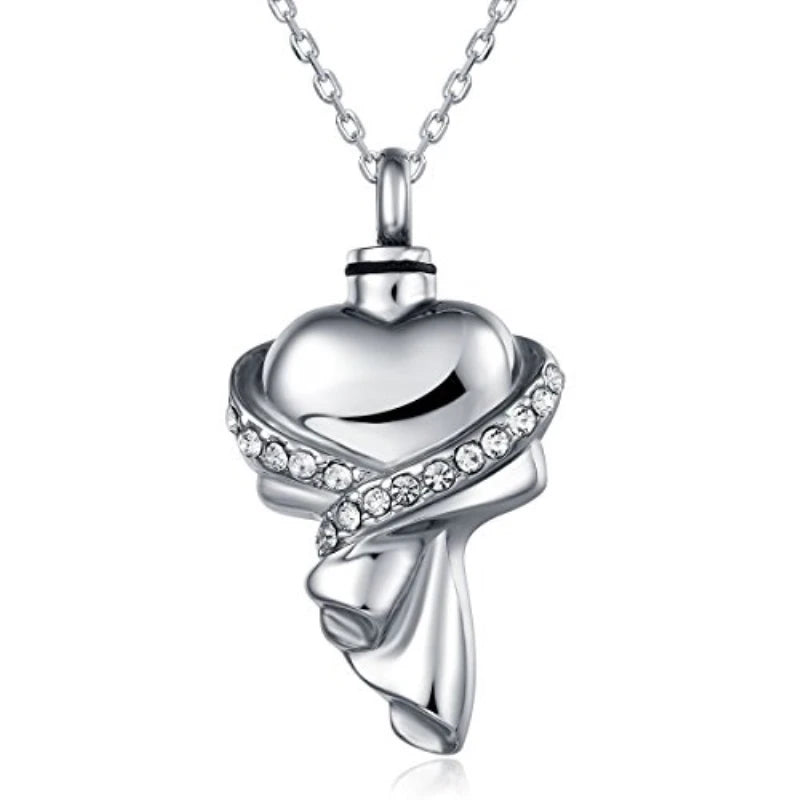 Mini Christian Classic Heart Shape Ribbon Keepsake Urn Necklace for Women Stainless Steel Memorial Cremation Pendant