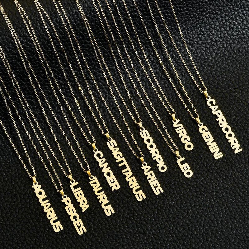 2+ Years Colorfast Vertical Zodiac Lettering Charm Necklace 18K IP Gold Stainless Steel Crafted Customizable Pendant Necklace MegaBDM