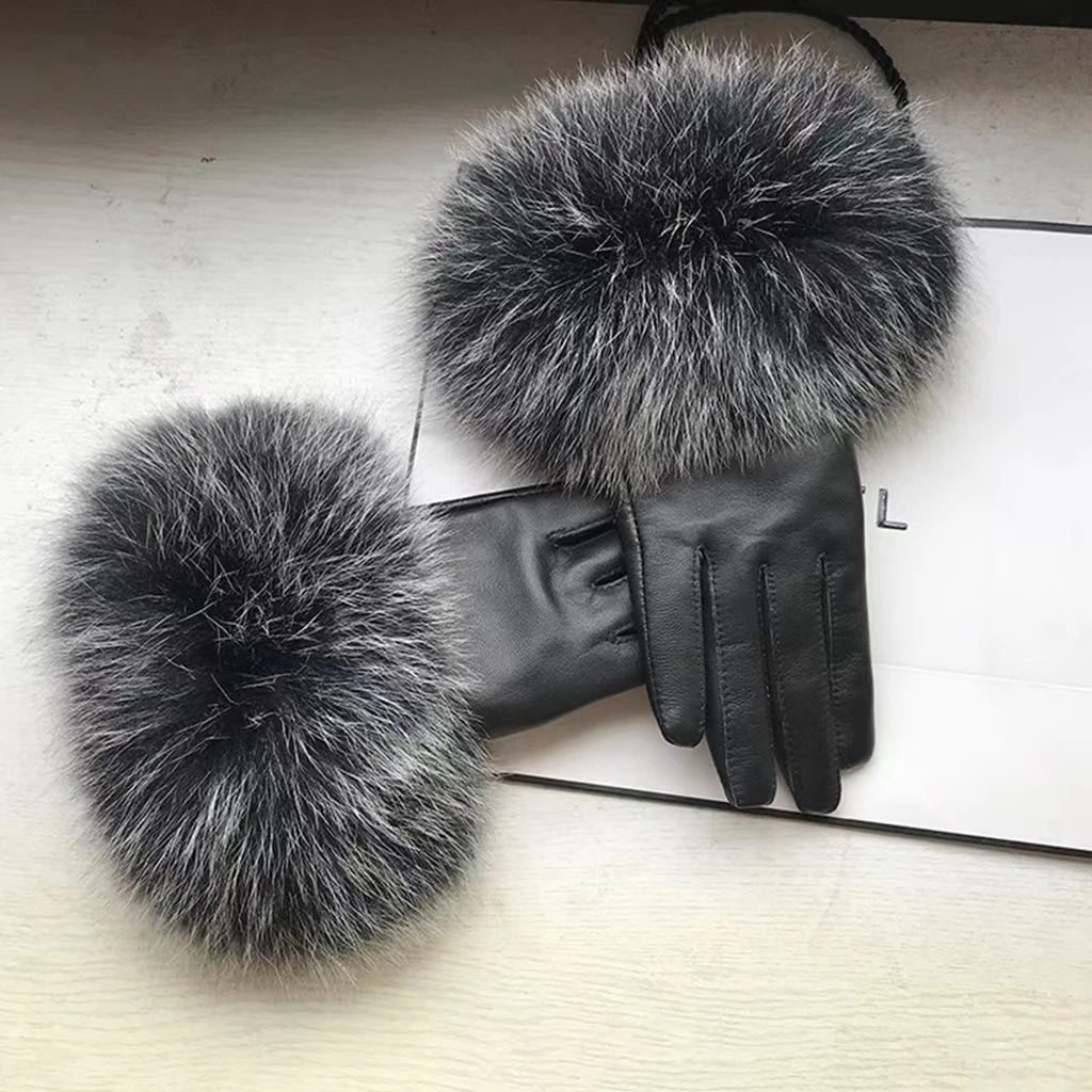 2022  Women Wholesale Genuine Sheepskin Motorcycle Leather Gloves Windproof Warm Winter Leather Real Fur Gloves