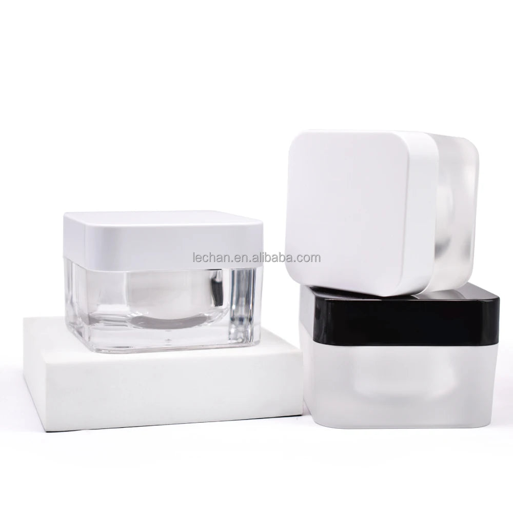 15g 30g 50g Stock Product Double Wall Square Skin Care Cream Acrylic Black White Plastic Cosmetic Jars with Seal Inner Lid