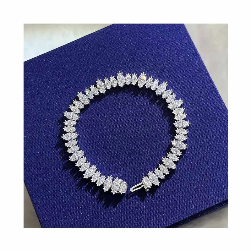 Fine Jewelry Rhodium Plated Iced Out Marquise Cut Cubic Zirconia Tennis Chain Bracelet 925 Sterling Silver Bracelets