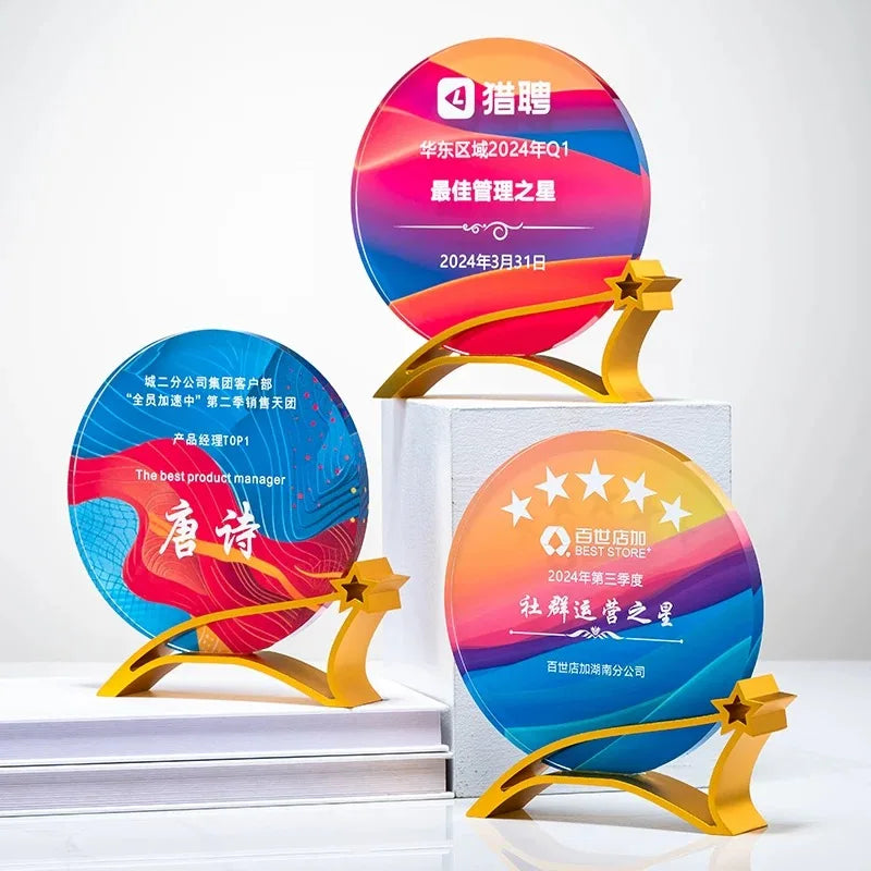 2025 New Design Gold Metal Stand Crystal Glass Awards Plaque Trophy MH-NJ0682