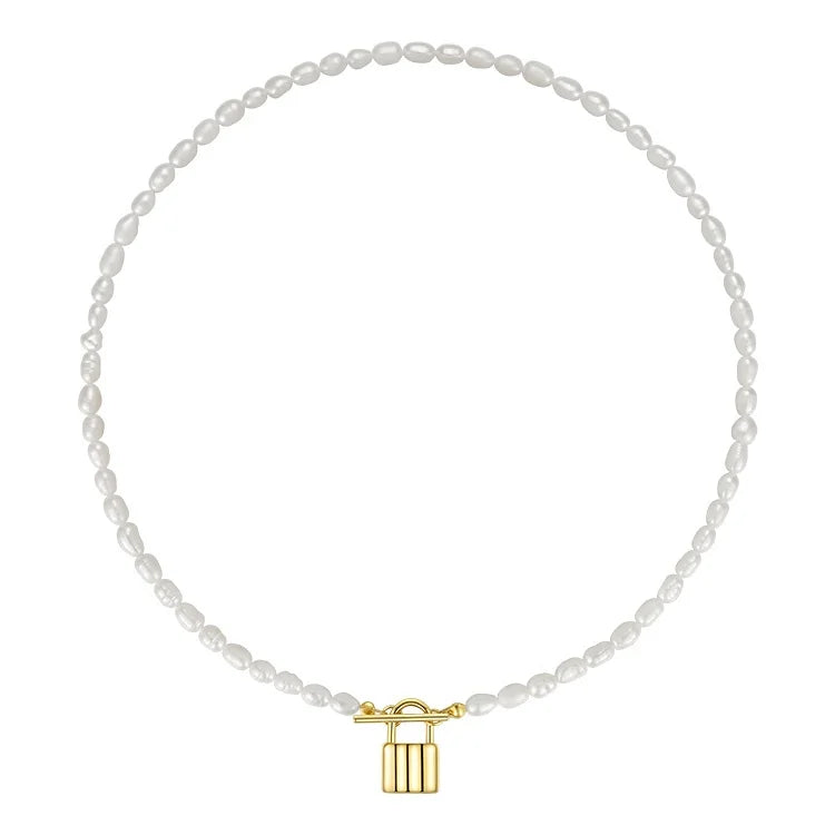 High Quality 14K Gold Plated Stainless Steel Natural Pearl Beads Lock Pendant Necklace P203140