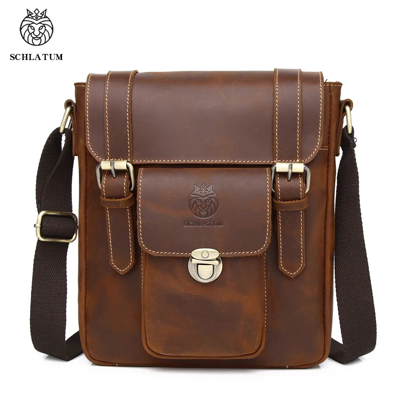 SCHLATUM Men's Single Shoulder Bag Stylish Retro Square Crazy Horse Genuine Leather Vintage Fashion with Front Phone Pocket