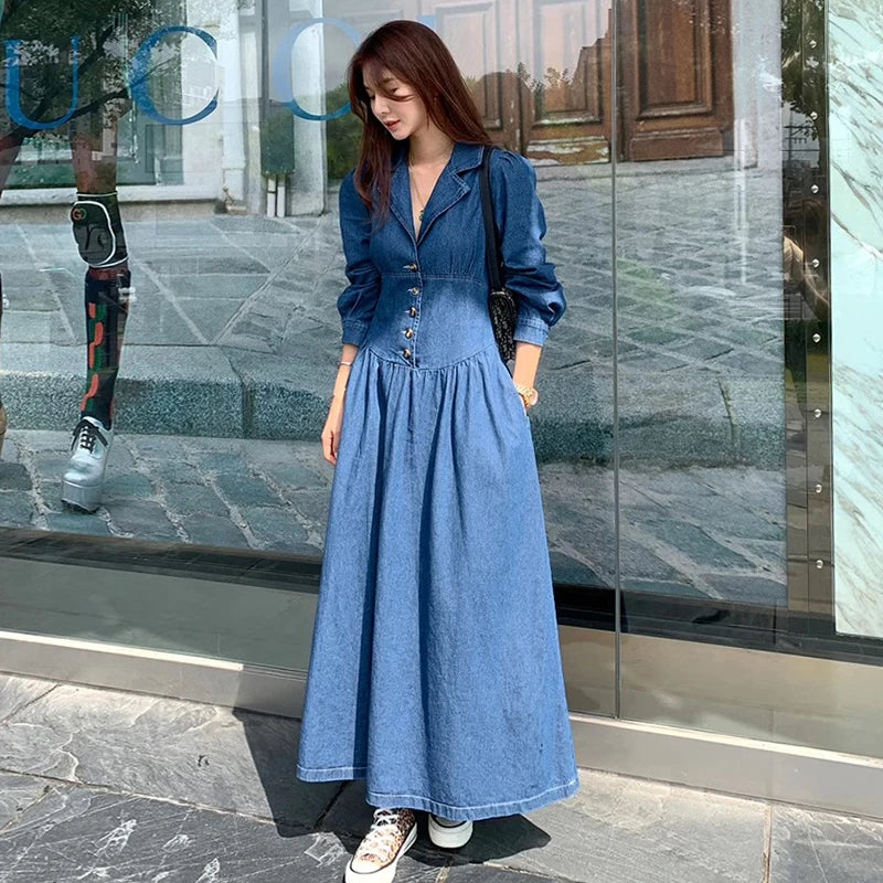 Wholesale 2026 Spring Retro Hong Kong Style Suit Collar Single Breasted Waist  Slimming Long Sleeved Denim Women's Dress