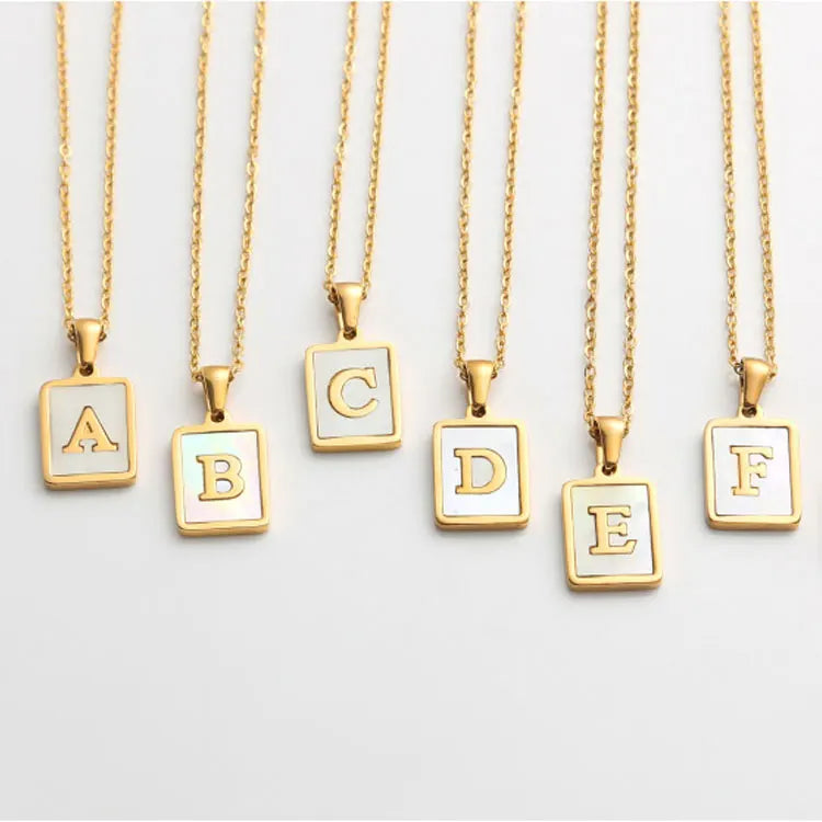 White Rectangle Shell Alphabet Pendant Necklace Gold Stainless Steel Letter A-Z Initial Necklace for Women