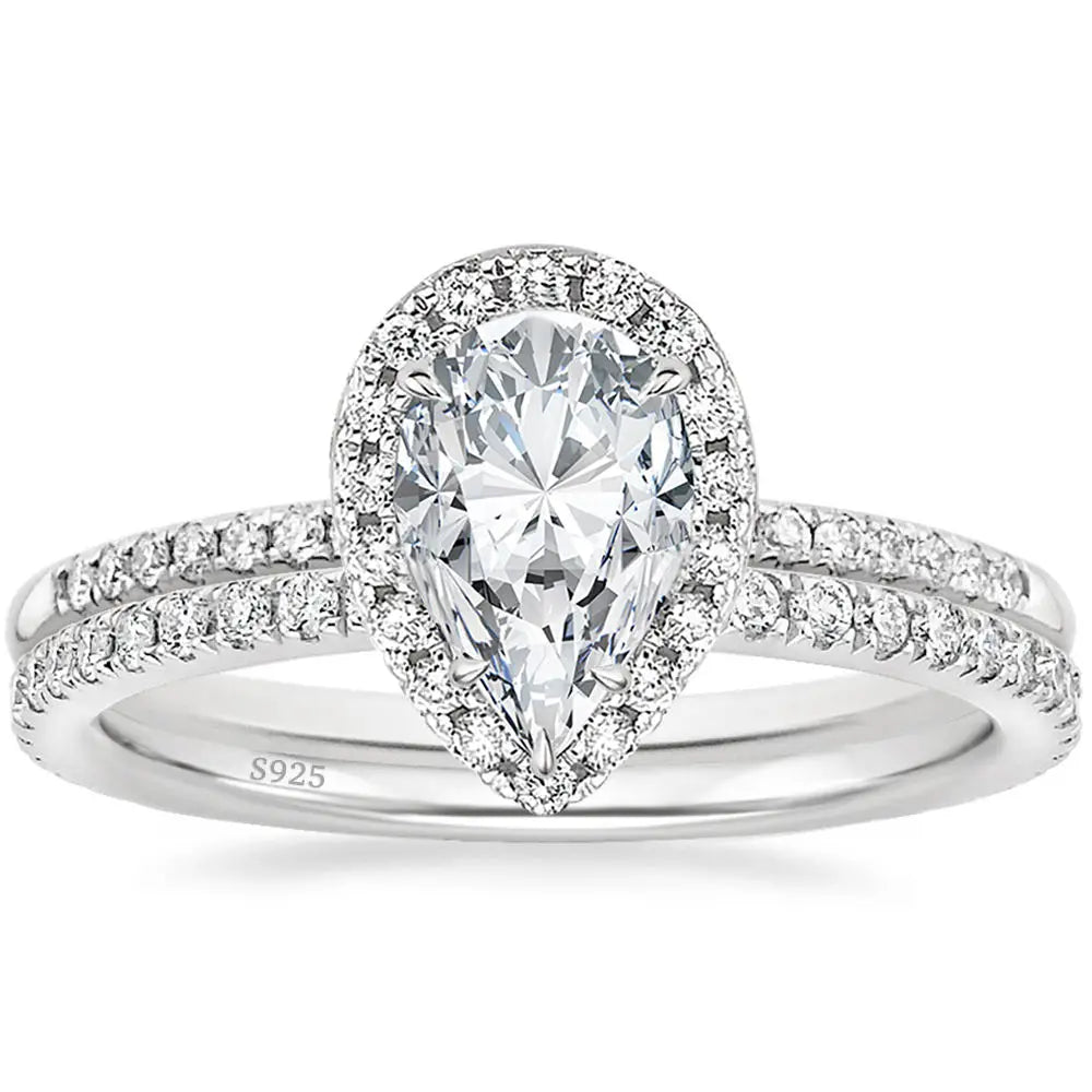 OAHLAN Fine Jewelry Rhodium Plated Moissanite 925 Sterling Silver Teardrop Bridal Rings Set for Women Wedding Anniversary