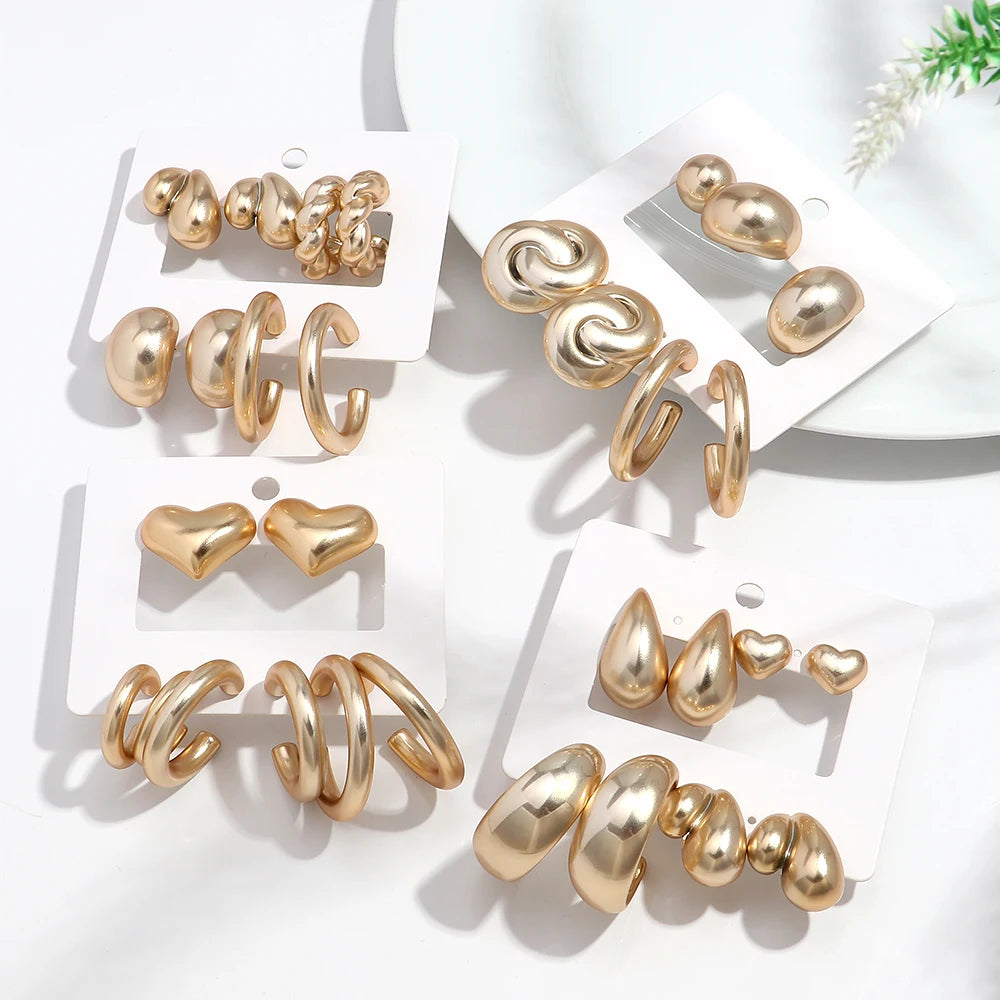 Wholesale Luxury Vintage Gold Plated Hoop Earrings Set High-grade Irregular Matte Trendy Geometric Pattern for Party