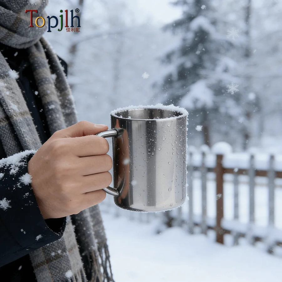 Topjlh Custom Camping Sublimation Blank 300ml Stainless Steel Cup Metal Double Wall Beer Tea Coffee Drinking Mug with Handle