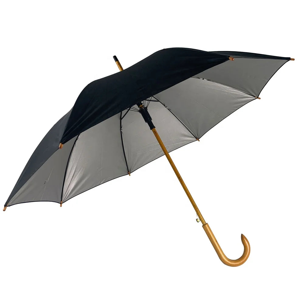 23-Inch Silver Coated Straight Umbrella with J-Shaped Wooden Handle 8K Product Category Made of Pongee Material MegaBDM