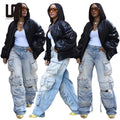 Liu Ming Spring Summer New 2023 Women Fashion Multi Pockets Cargo Pants Loose Fitting Straight Leg Jeans