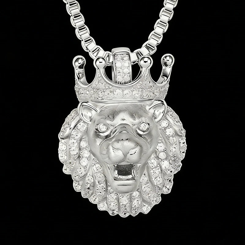 Full Cubic Zirconia Inlay Gold Plated Hip Hop Lion Head Brass Box Chain Pendant Necklace with Crown Men's Anniversary