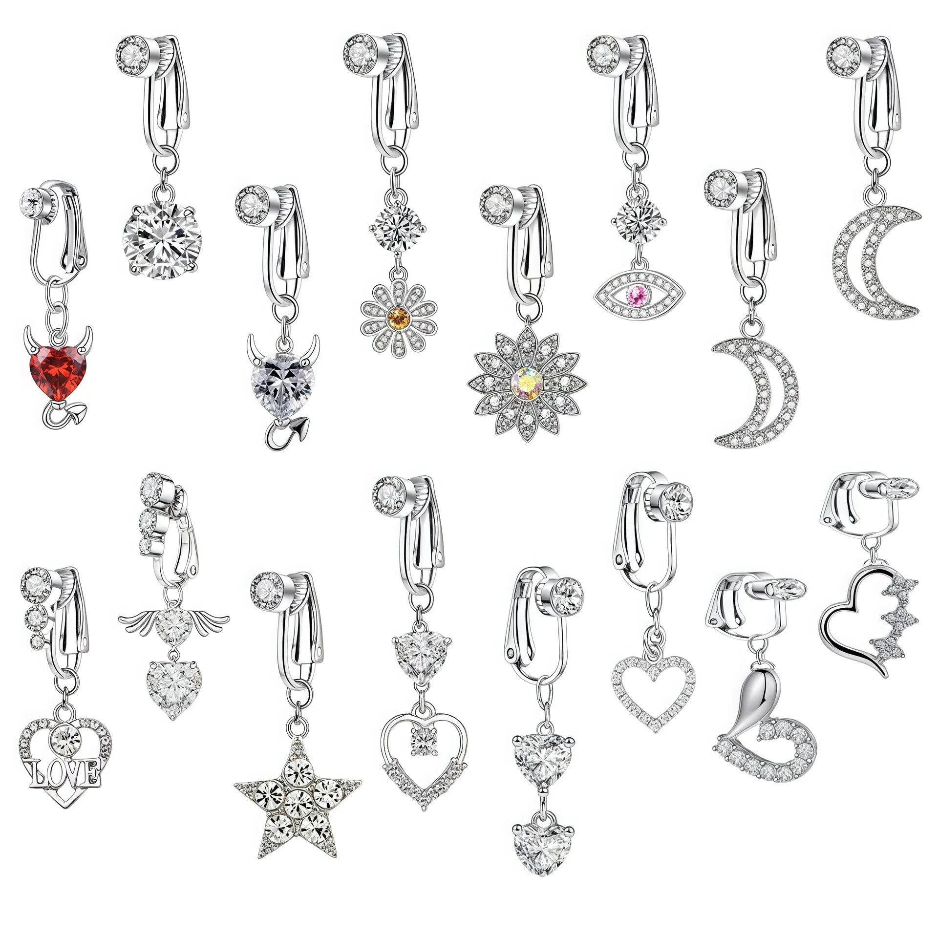 New Stainless Steel Punk Style Fake Belly Button Ring with Zircon Heart Shape Moon & Stars Design for Wedding Party Gift
