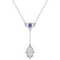 925 Silver Rhodium Plated Tassel Pendant with Blue CZ Devil's Eye Ham Palm Necklace-Trendy Party Jewelry