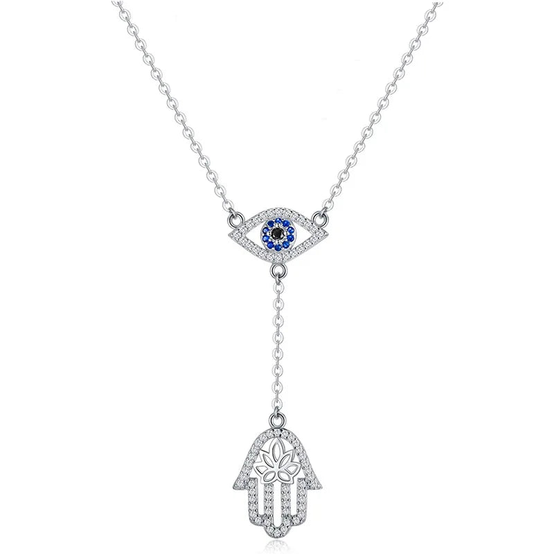 925 Silver Rhodium Plated Tassel Pendant with Blue CZ Devil's Eye Ham Palm Necklace-Trendy Party Jewelry