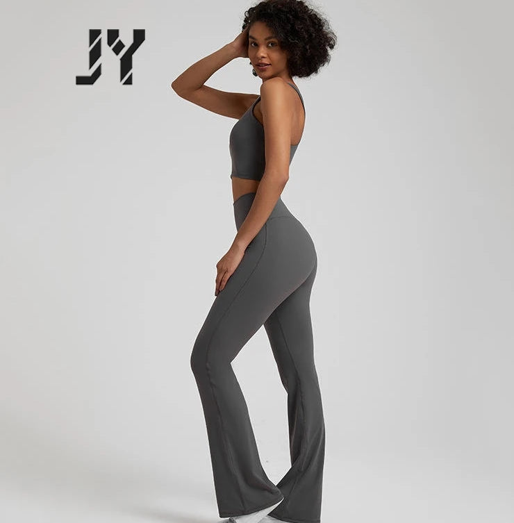 JY High Neck Yoga Set Women 2 Piece Outfits Flare Leg Yoga Pants High Waisted Bell Bottoms Slim Fit Workout Gym Sports Suit