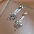 925 Silver Post Elegant Sweet Pearl Rhinestone Bow Knot Earrings Fashion Trendy Pearl Drop Crystal Dangle Butterfly Earrings