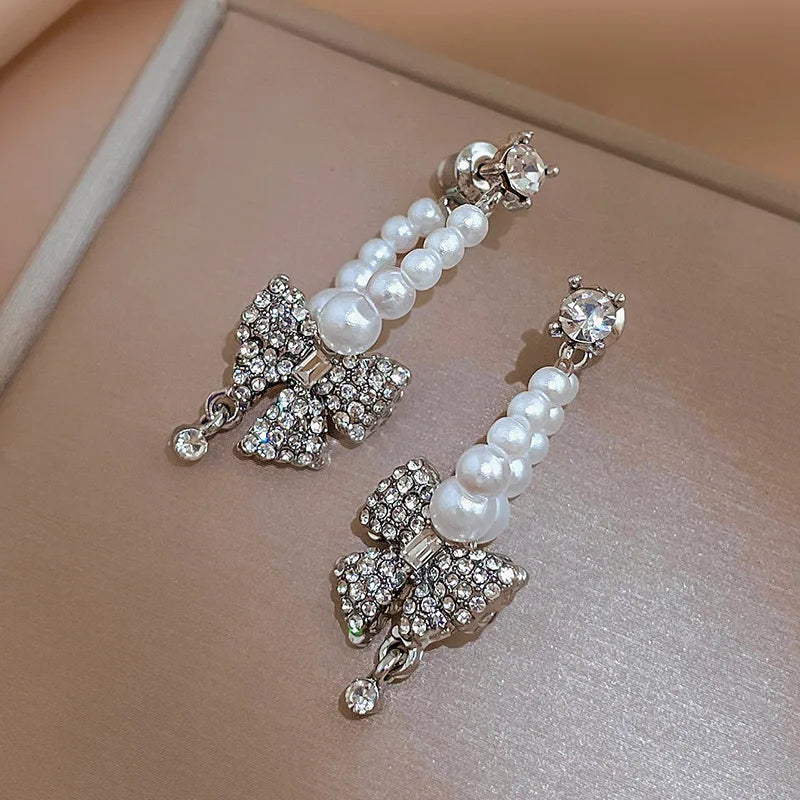 925 Silver Post Elegant Sweet Pearl Rhinestone Bow Knot Earrings Fashion Trendy Pearl Drop Crystal Dangle Butterfly Earrings
