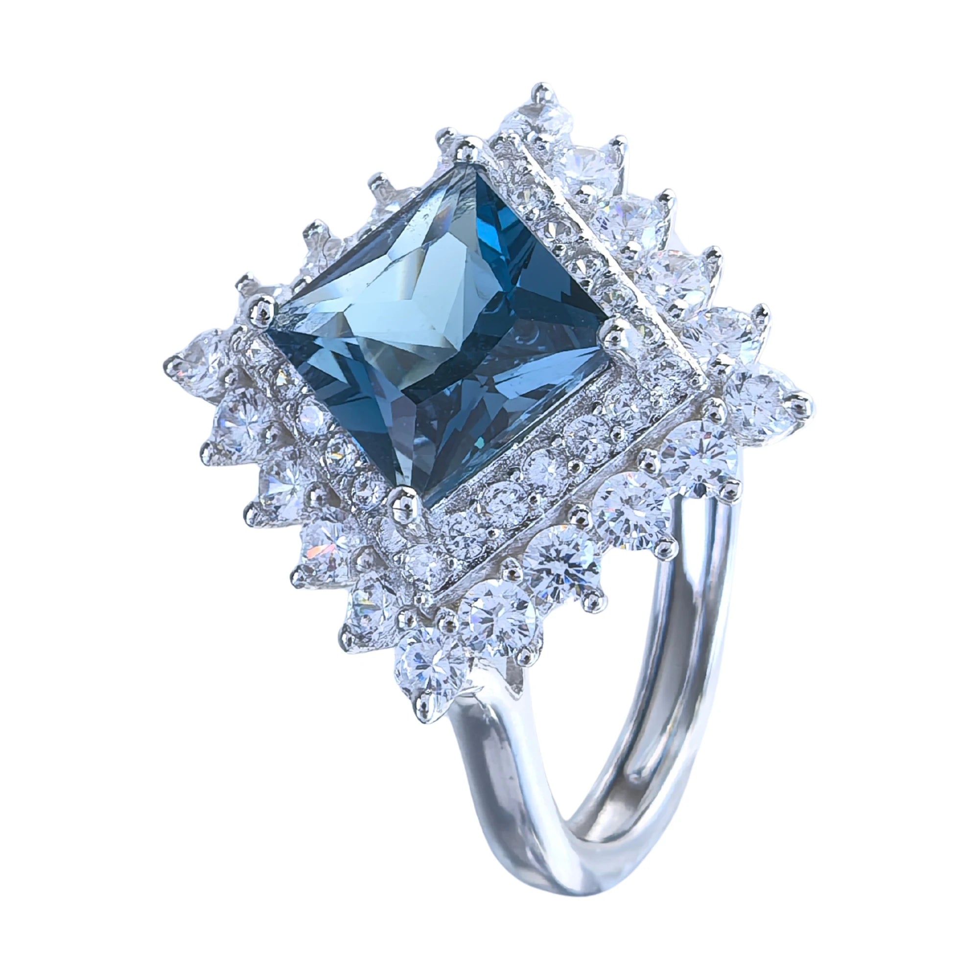 Factory Wholesale Rhodium Plated 925 Sterling Silver Asscher Cut Natural London Blue Topaz Ring for Women Gift Party Wear