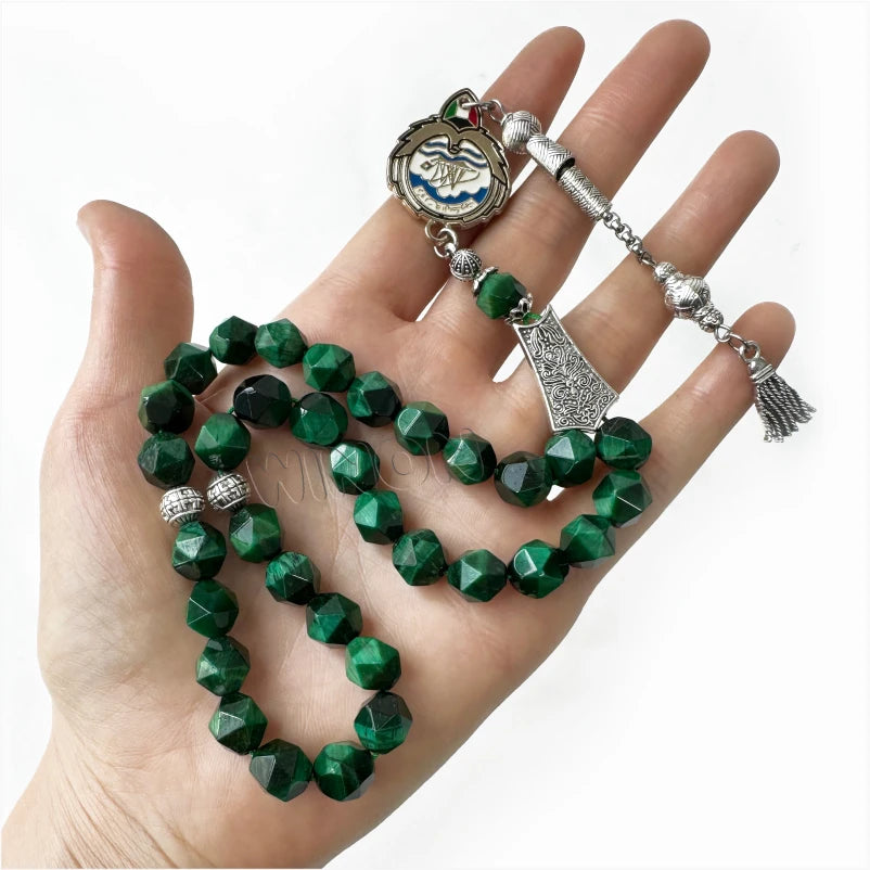 Green Natural Tiger Eye 10mm 33 Beads Diamond Cut Gold Islamic Tasbih Muslim Rosaries Silver Accessories Misbaha Religious