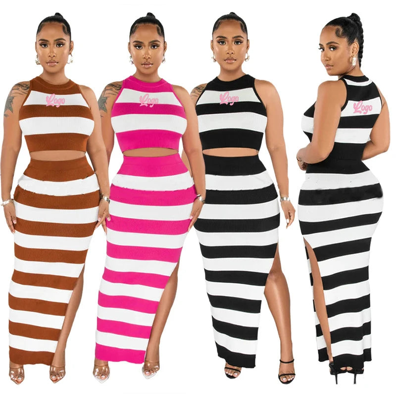 Custom New Arrival 2025 Women Striped Printing Sleeveless Crop Top and Long Skirt Set Women's Elegant Bodycon Skirts Set