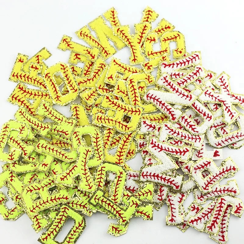 New Arrival Glitter Chenille Letter Patches Iron on Gold Glitter Border Felt Applique Baseball Feature White Yellow Letters