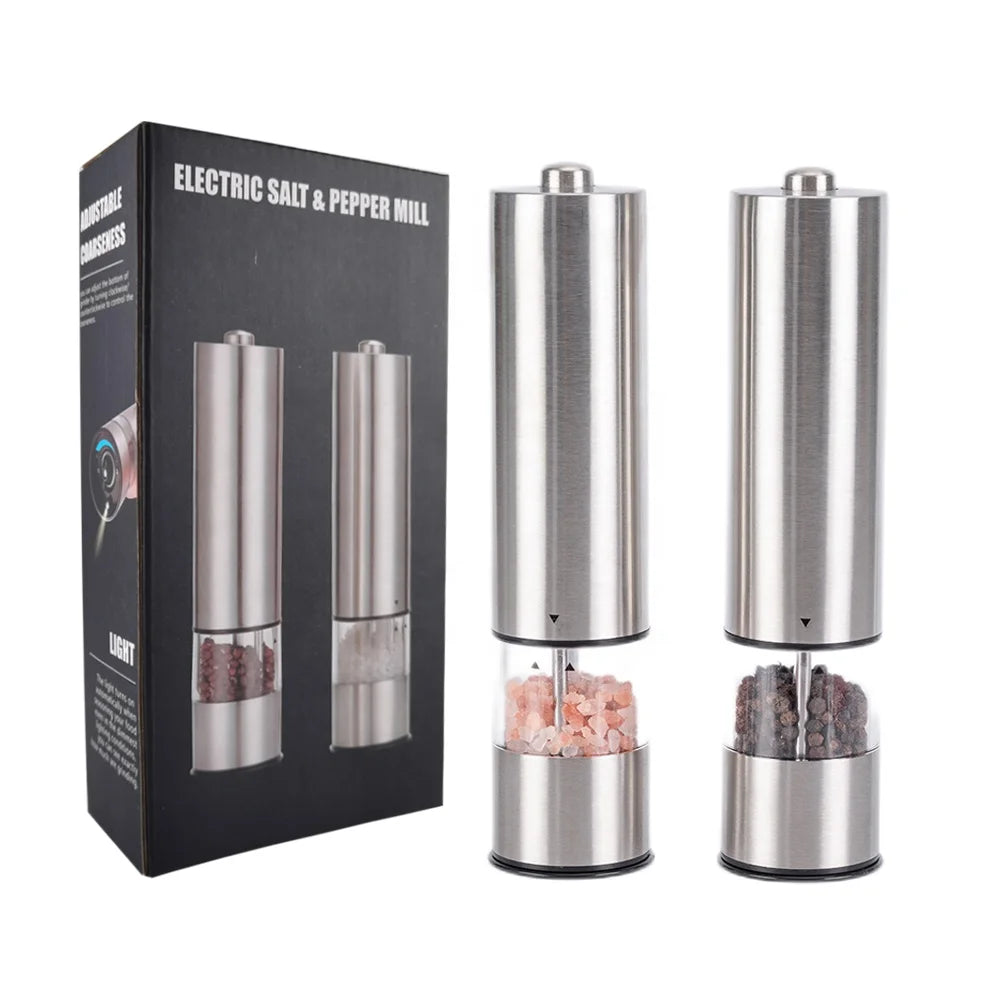 Stainless Steel Ceramic Core Electric Adjustable Salt Pepper Grinder Set with Light Dust Cover 100ml Capacity Hand Operated