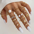 19pcs/set Trendy Geometric Gold Metal Pearl Finger Ring Set Punk Diamond Crystal Heart Rings Set for Women Jewelry Gift