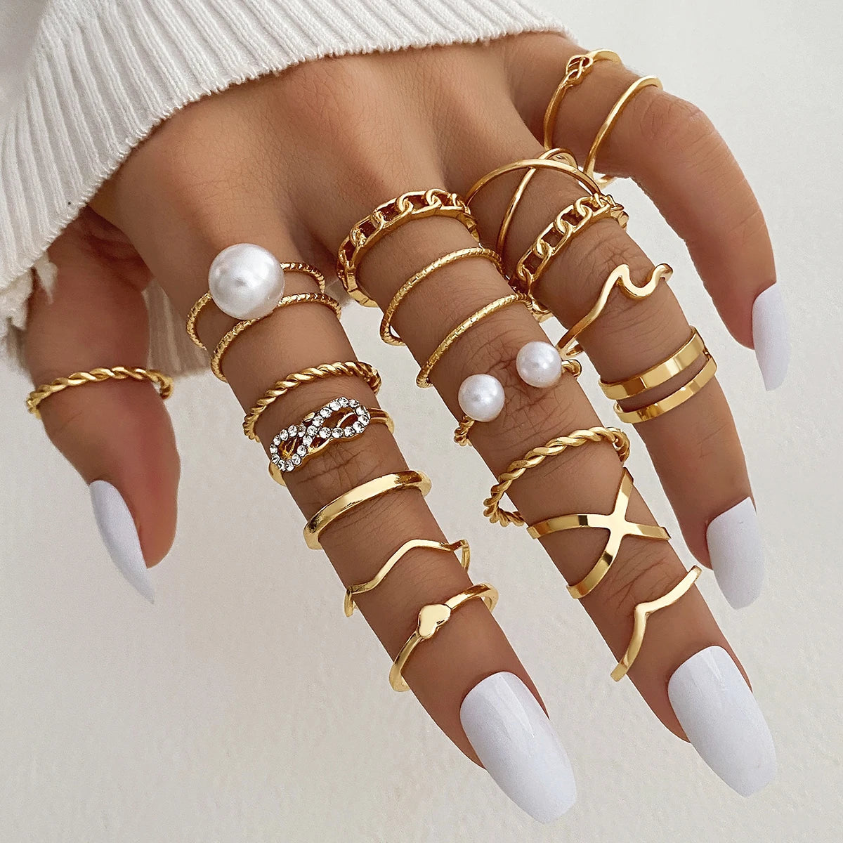 19pcs/set Trendy Geometric Gold Metal Pearl Finger Ring Set Punk Diamond Crystal Heart Rings Set for Women Jewelry Gift