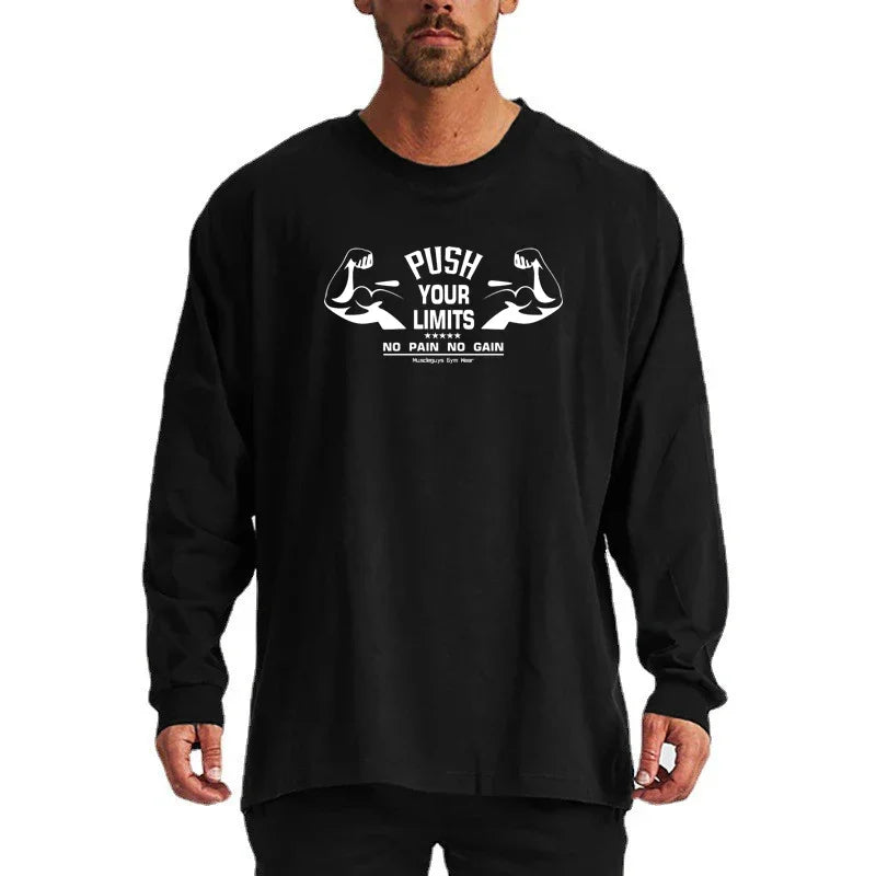 Autumn Mens Oversized Long Sleeve T-shirt Loose Fit Dropped Shoulder Cotton Fitness T Shirt Autumn Gym Bodybuilding Tops Tees