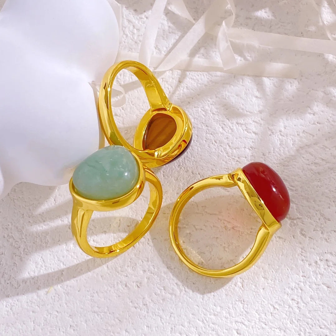 Merryshine Inspired Jewelry Vintage Geometric Triangle Ring Natural Jade Agate Tiger Eye Gemstone Rings