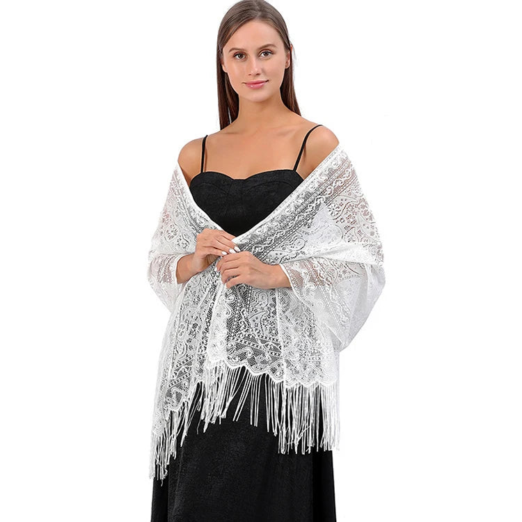 Source Factory Wholesale New Lace Mesh HeadScarf Fashion Evening Dress Luxury Paisley Lace Shawl Wedding Shawl With Tassels