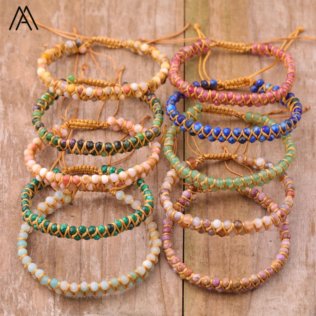 Boho Gemstone Woven Bracelet Faceted Crystal Bead Healing Chakra Reiki Men's Bracelets 18K Gold Plated Handmade Fashion Jewelry