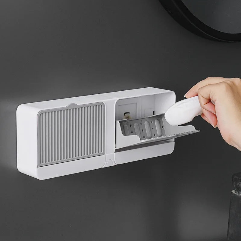 Creative Simple Soap Box With Lid Wall Hanging Double Compartment Drain Free Perforated Flip Soap Toilet Laundry Soap Box